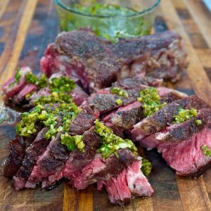 Grilled Cowboy Steak with Garlic Scape Chimichurri