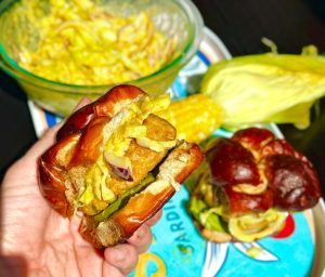 Chicken Shawarma Burger with Amba Tahini Slaw